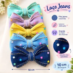 Kit Laços de Cabelo Infantil Jeans 5 Peças Grande Estrelas Coloridas Menina