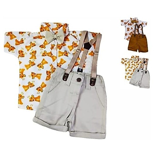 REI LEÃO Kit Conjunto Infantil Menino 4 Peças Camisa Gravata Bermuda e Suspensório Aniversário Mesversário