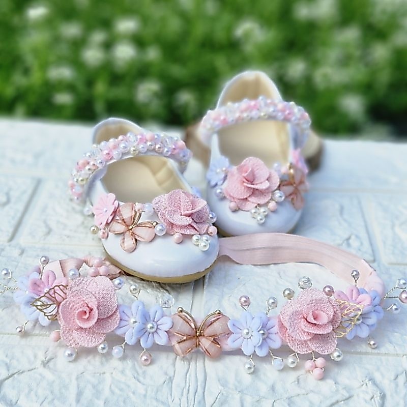 kit Faixinha e sapatilha branca de verniz jardim encantado flores e borboletas Rosa,Lilás,Candy menina infantil