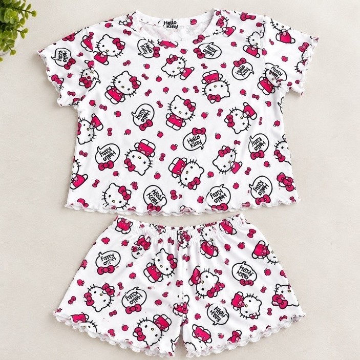 Pijama Estilo Infantil Feminino Hello Kitty Conjunto Blusa e Short Estampado Tamanho G
