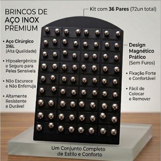 kIT Revenda 36 Pares de Brincos AÇO INOX redondo 4MM/5MM/6MM