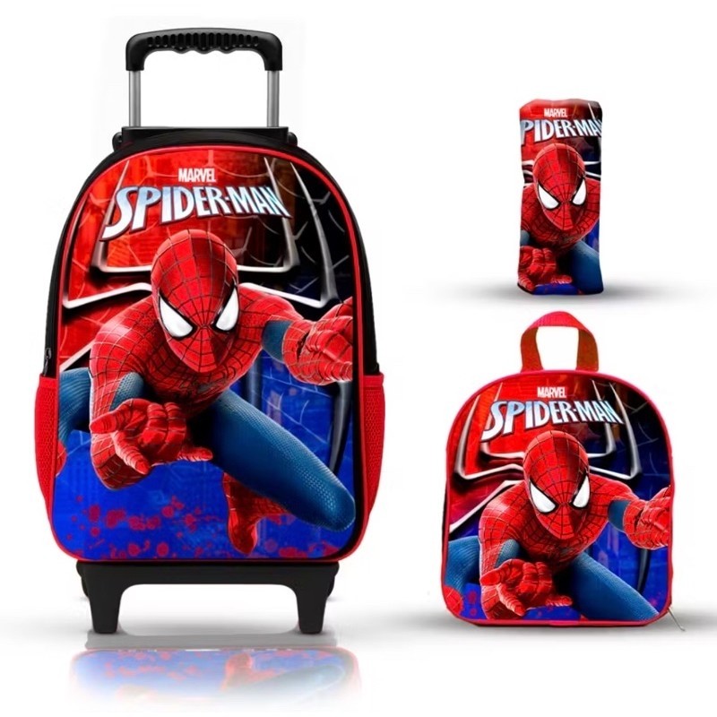 Kit mochila escolar rodinha lancheira térmica e estojo homem aranha persongens