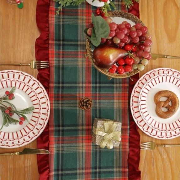 1 Peça Caminho de Mesa Xadrez de Natal Trilho de Mesa com Borda Franzida Vintage Adequado para Sala de Jantar
