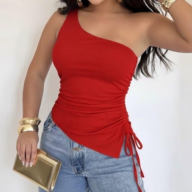 Blusa Feminina Drapeada Assimétrica Um Ombro Só Ribana Canelada Algodão Blusinha Básica Mula Manca Casual