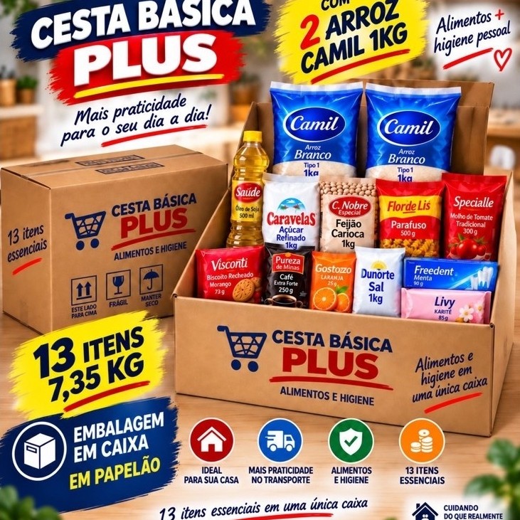 CESTA BÁSICA PLUS 13 ITENS 2Kg ARROZ CAMIL ALMENTOS E HIGIENE