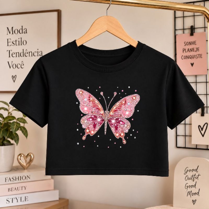 Cropped Feminino Borboleta Rosa Brilho Strass Fashion Delicado Algodão Confortável Tendência Dia a Dia Estilosa P ao GG