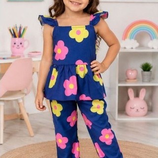Conjunto Infantil para Meninas Conjunto de Calça e Blusa Infantil Feminino Florido Flores Privamera