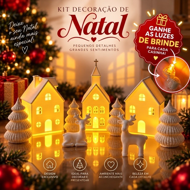 Kit Decoração de Natal Vila Natalina Casinhas Iluminadas LED Árvores e Renas Enfeite Natalino