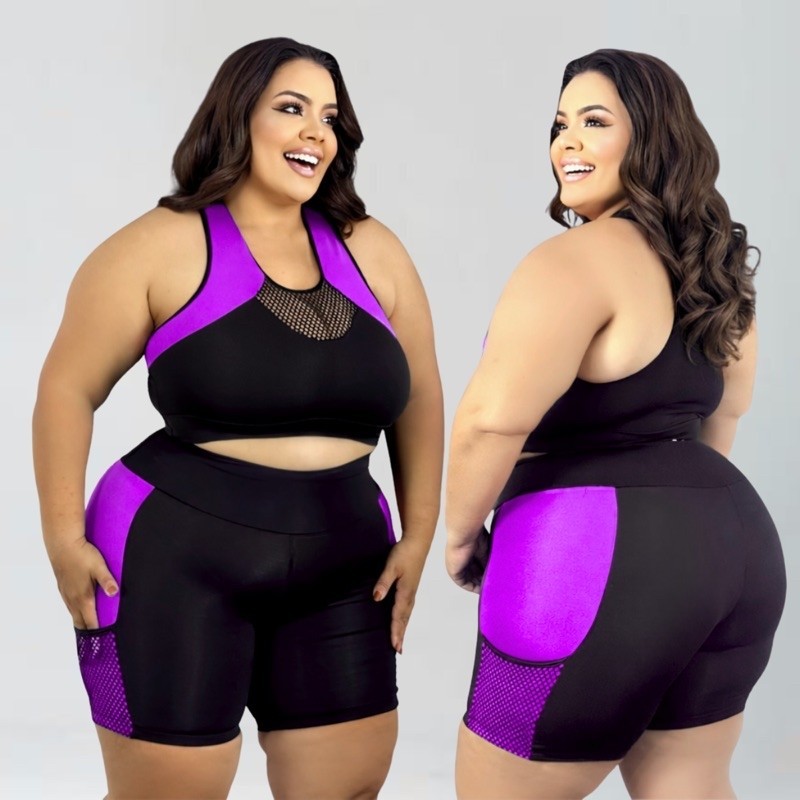 Conjunto Fitness Mida Plus Size Top com Short Feminino Cós Alto Compressão Tendência Academia Treino