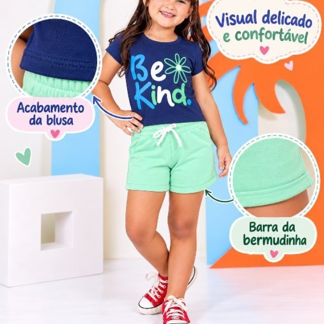 conjunto Infantil em moletinho 3 a 5 anos Conjunto Feminino Infantil  bermuda moletinho camisa Algodão Kids Menina 02/05