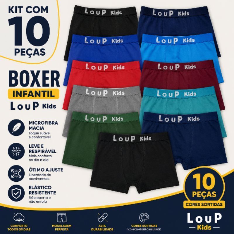 Kit 10 Cuecas Boxer Infantil Menino Microfibra Lisas Sortidas