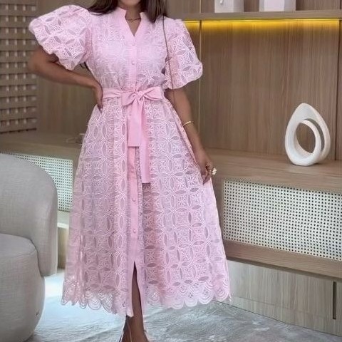 Vestido Midi Coreano Luxo em Renda Guipir Forrado Manga Bufante Princesa Moda Evangélica - Casamento Civil