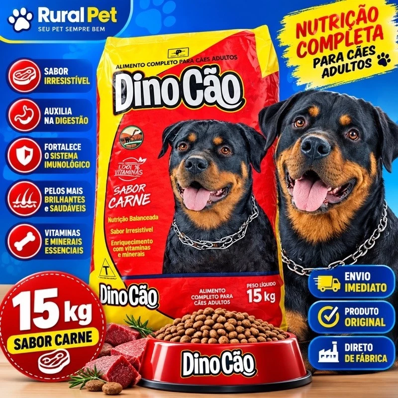 Ração para Cachorro Adulto 15kg DinoCão Sabor Carne – Nutrição Completa, Vitaminas e Minerais
