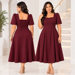 Vestido Midi Plus Manga Moda Evangélica Culto Premium Godê Exclusiva Tecido Duna Caimento Fluido Evasê Casual