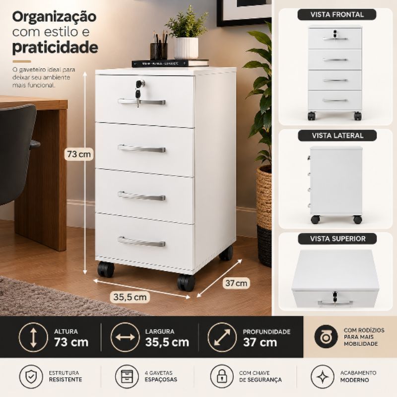 gaveteiro multiuso organizador 4 gaveteiro com rodízio e chave