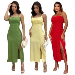 vestido feminino de alça midi elegante casual festa linho