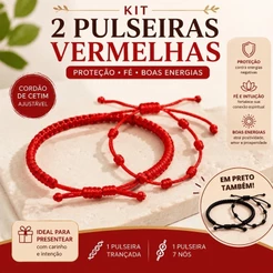 Kit 2 Pulseiras Vermelhas Ajustáveis | 1 Trançada + 1 Pulseira 7 Nós | Proteção, Fé e Boas Energias