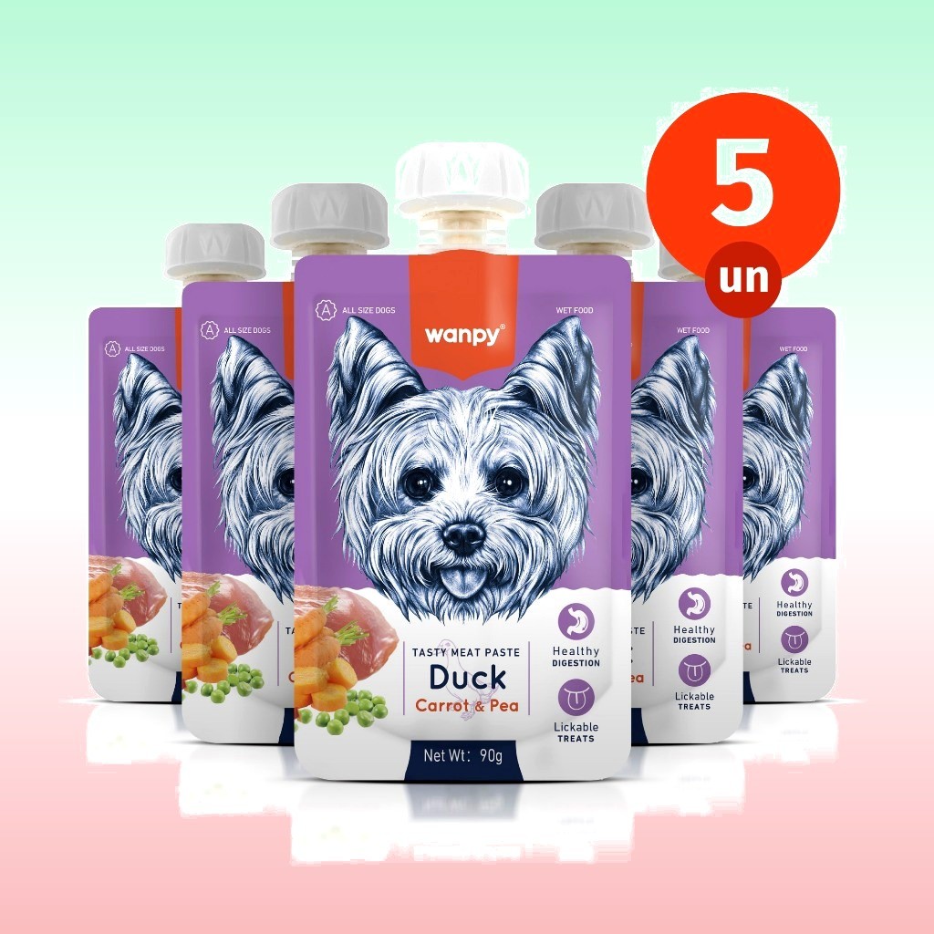 Kit 5 Petisco Truly Wanpy Creamy Sachê para Cães Pato Cenoura e Ervilha 90 G