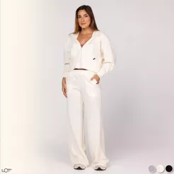 Conjunto de Moletom Feminino Casaco Bolsos Canguru com Capuz e Calça Soltinha Esportivo Academia