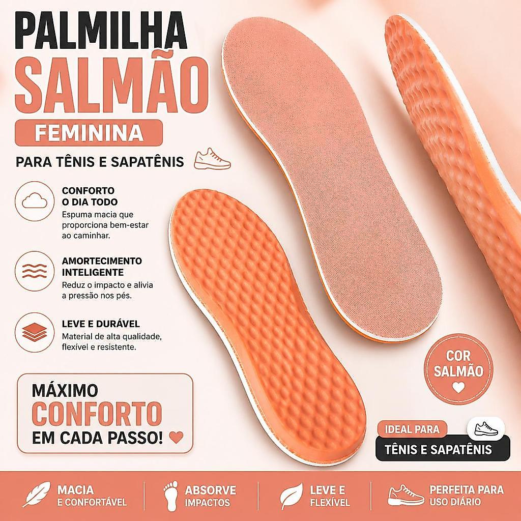 Palmilha Ortopedica Feminina Cor Salmão para Tênis Casual, Caminhada Academia Corrida