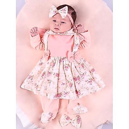 Saída Maternidade Menina Salmão Charme 04 peças Floral Roupas de Bebê