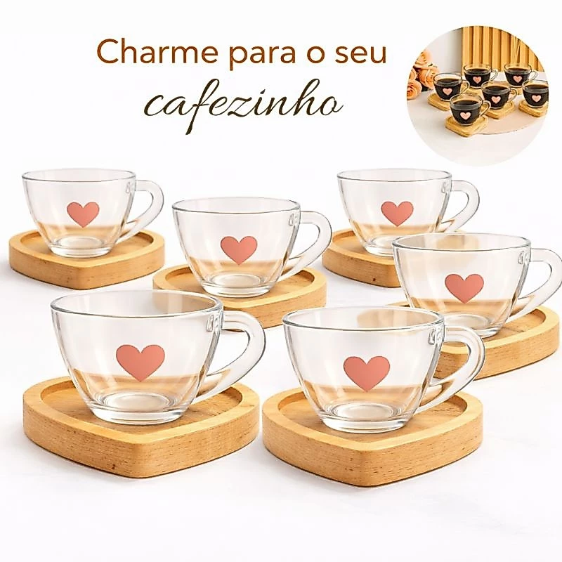 Jogo de Xícaras de Café com Pires de Madeira Coração Cantinho do Café Kit Presente Feminino