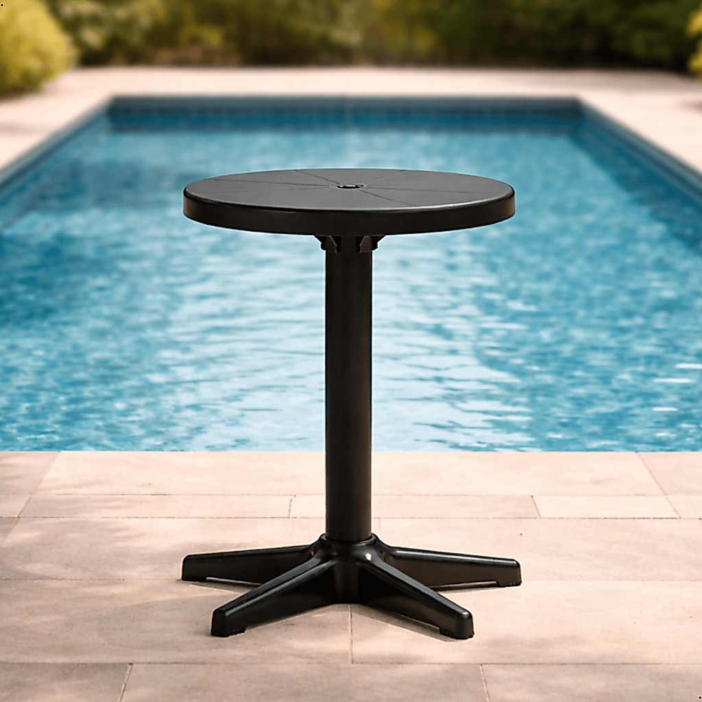 Mesa Bistrô Baixa Redonda de Plástico – Branco ou Preto, Ideal para Piscina, Praia, Varanda e Jardim