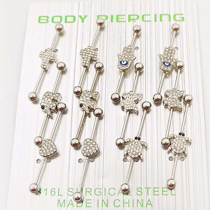 Kit 12 Piercing Transversal com meio strass vários formatos aço inoxidável/ orelha