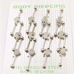 Kit 12 Piercing Transversal com meio strass vários formatos aço inoxidável/ orelha