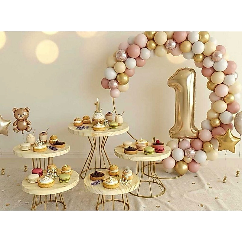 kit 5 boleira completa com madeira pinos e Mini Arco Decoração Mesa 50cm