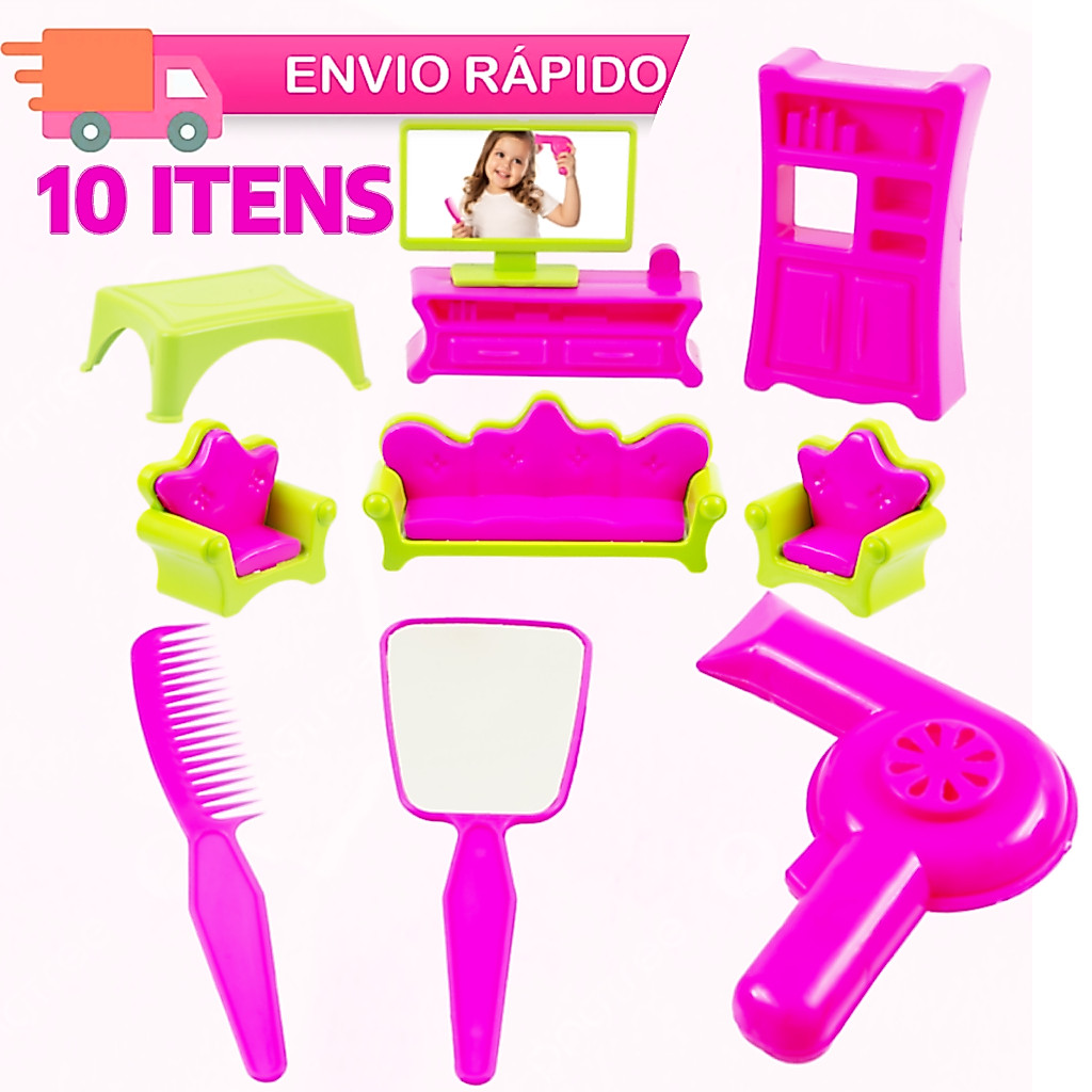 Kit Estilo Barbie: Secador, Espelho, Pente, Jogo de Poltrona, Kit Sala | 3 Caixas de Brinquedos de Princesa Imaginação