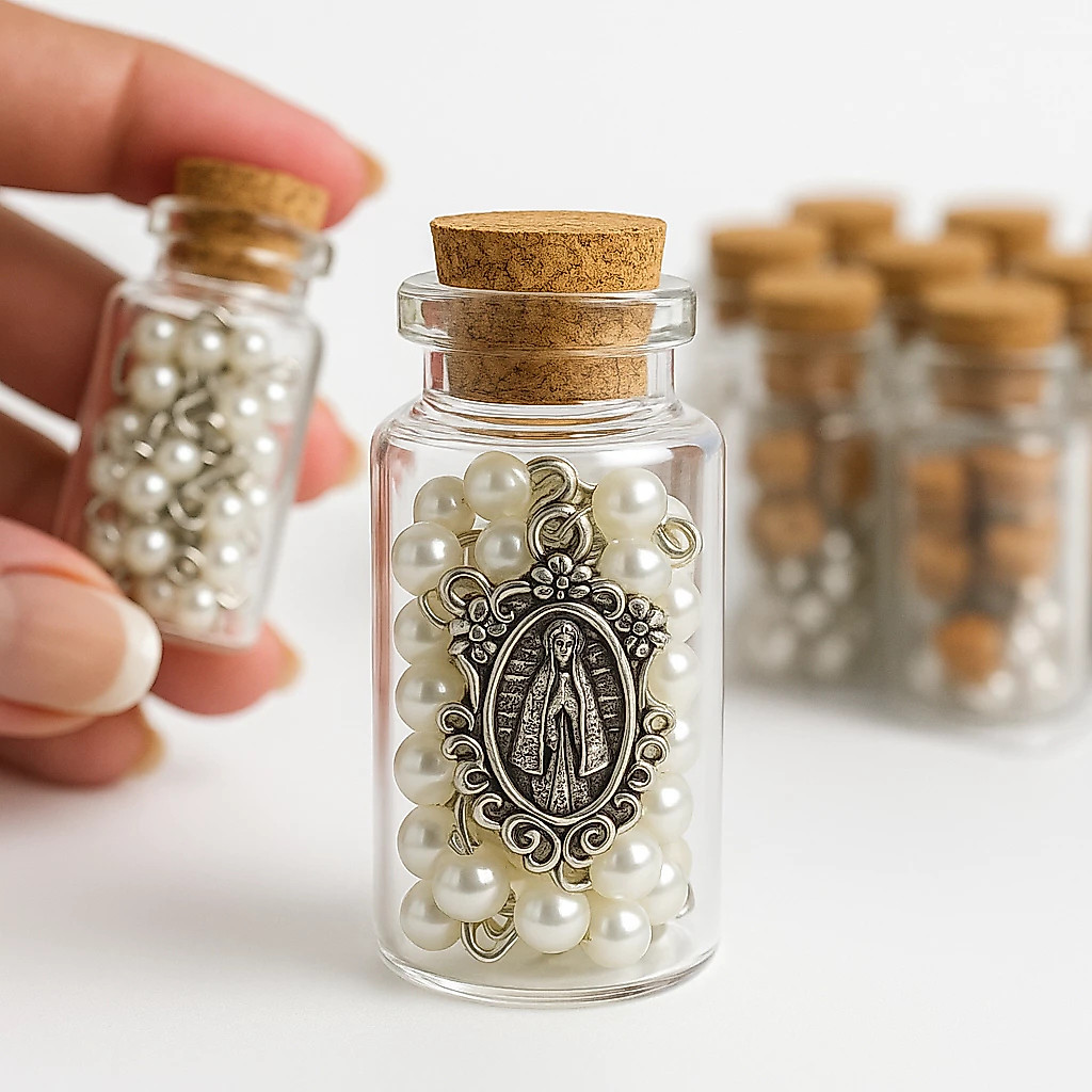 Kit Terço Vidrinho Pérolas Pescoço Lembrancinha Eucaristia Crisma Casamento Batizado