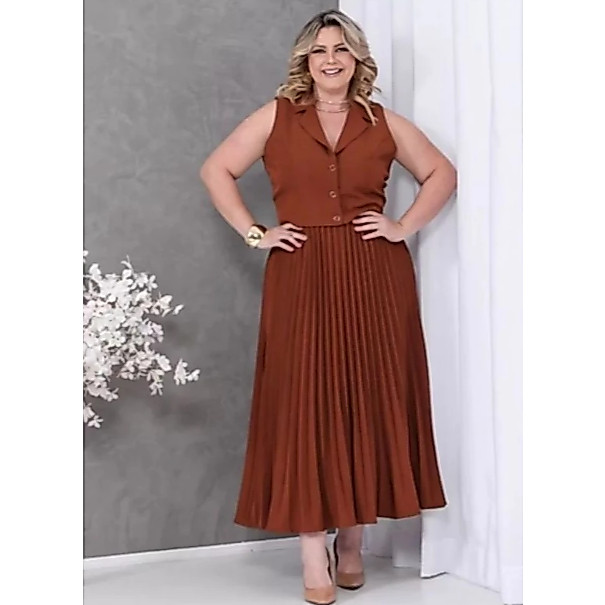 Conjunto Colete E Saia Longa Plissada Plus Size Tendência Moda Evangélica Feminina