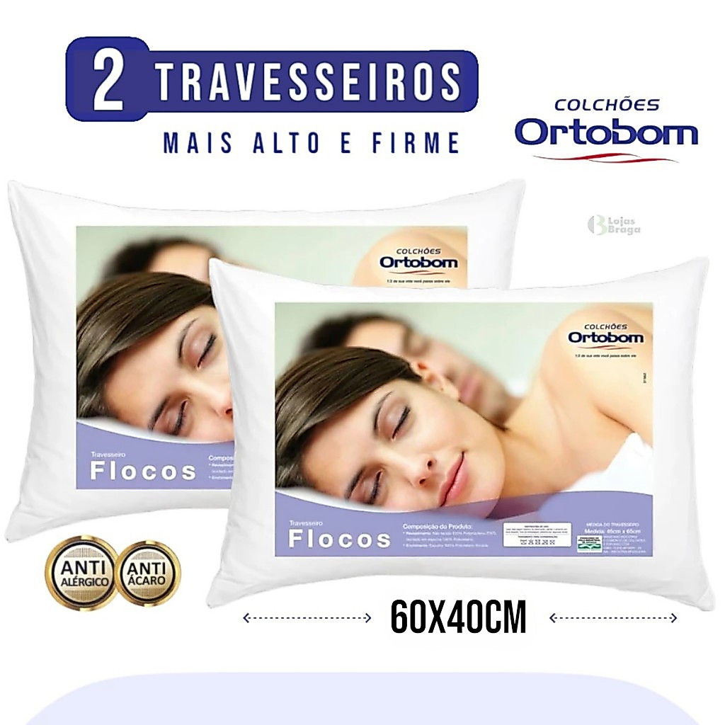 Kit 2 Travesseiro Original Ortobom Firme e alto TNT 40x60cm Antialérgico antiácaro Flocos de espuma