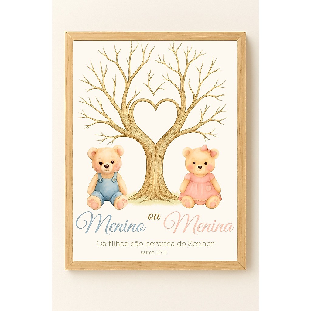 Quadro Decorativo Ursinho Ursinha Chá Revelação Menino Menina Aquarela Árvore Aquarela Delicado