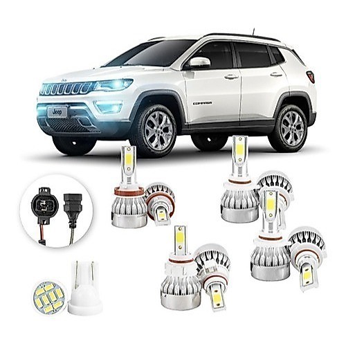 Lâmpadas Ultra Led Jeep Compass DRL 20000lm Alto Baixo e Milha + Pingo Led