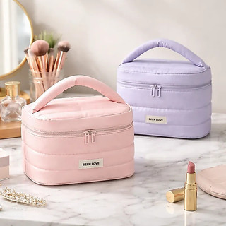 Necessaire Puffer de Viagem Acolchoada Bolsa de Maquiagem Metalizada Presente