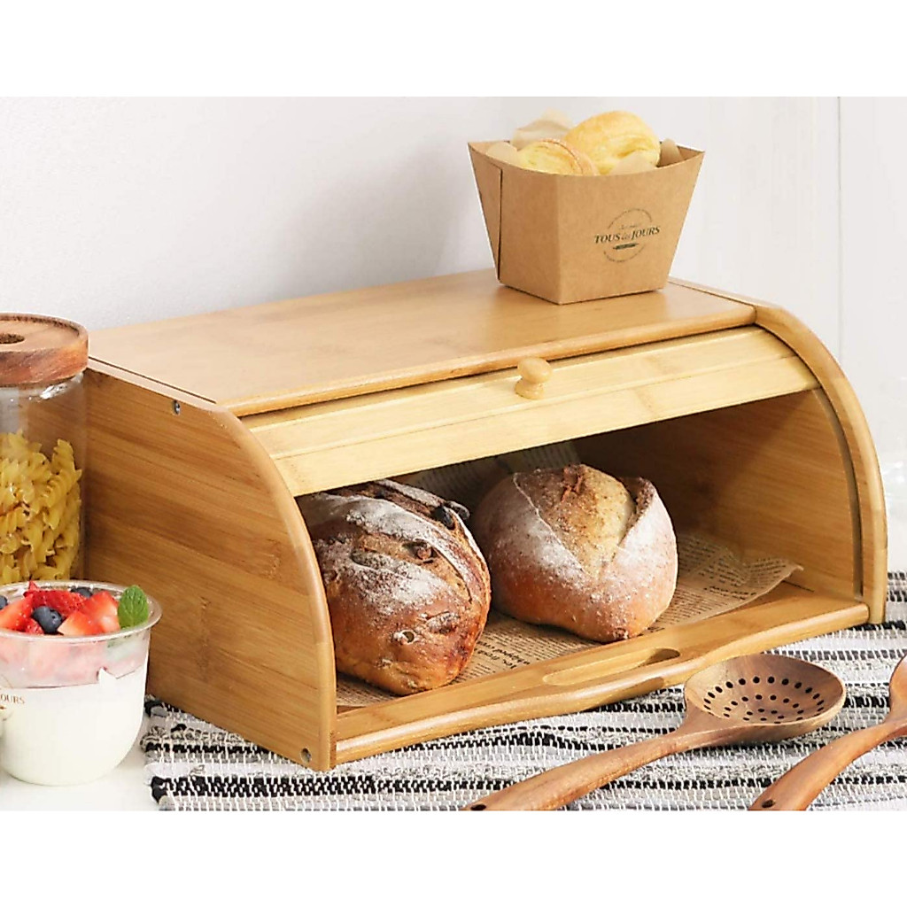 Porta Pão Bambu Com Tampa Retrátil 40X27X16CM Perfeita Para Armazenar Pães Bolachas Resistente
