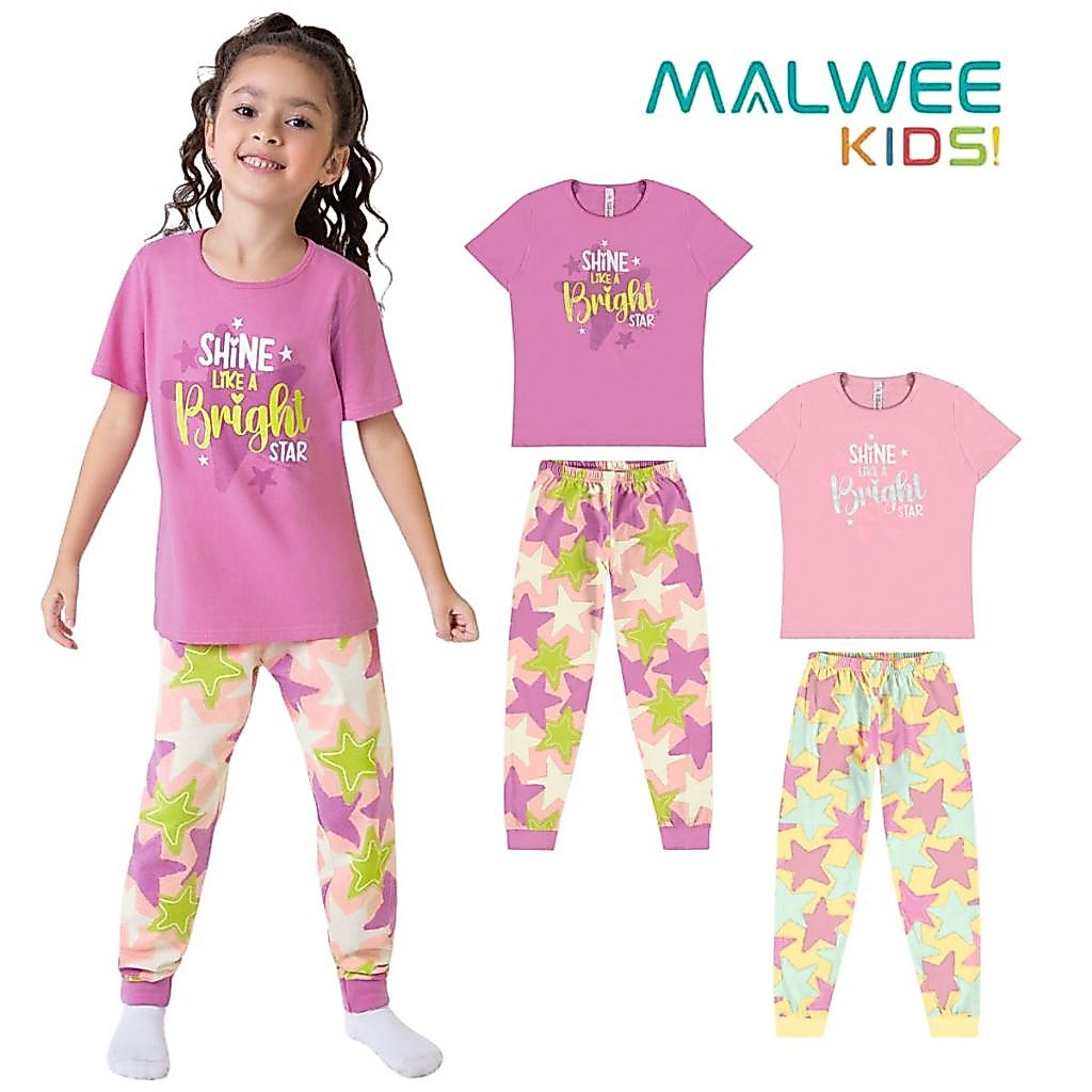 PIJAMA MENINA MALWEE INFANTIL CAMISETA E CALÇA ESTAMPADO ALGODÃO BRILHA NO ESCURO KIDS