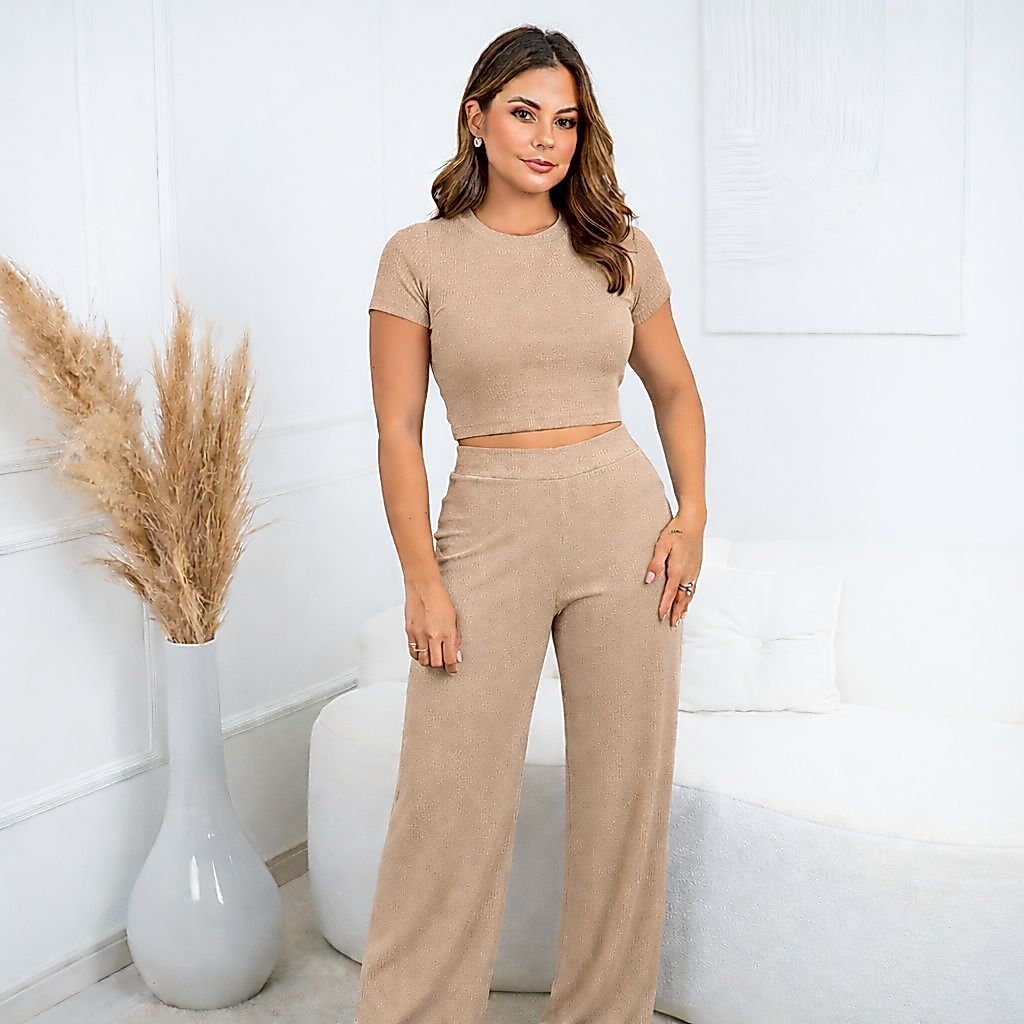 Conjunto Feminino Ribana Canelada Premium Calça Pantalona + Cropped Confortável Moda Blogueira 2026