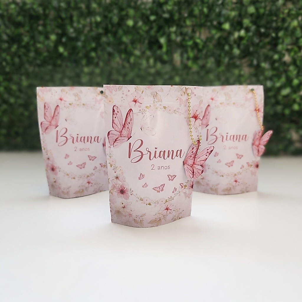 Saquinho Metalizado Jardim Encantado Borboletas Personalizados/ Lembrancinha de Festa /Aniversário