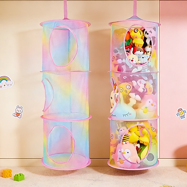 Brinquedo de pelúcia pendurado caixa de armazenamento-armazenamento rosa colorido três camadas