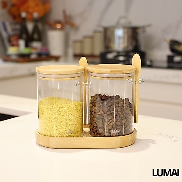 Lumai Pote Vidro Hermético Tampa Bambu 550ml Café Açúcar Tempero Kit 2 3 Potes Colher Bandeja · foto 2