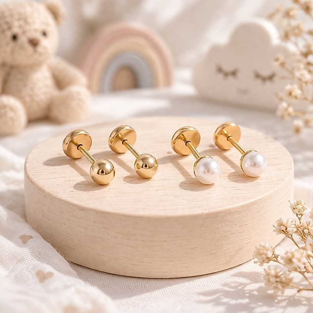 KIT 2 BRINCOS BABY INFANTIL BOLINHA DOURADO E PERÓLA COM TARRAXA BABY FOLHEADOS A OURO 18K ANTIALÉRGICO