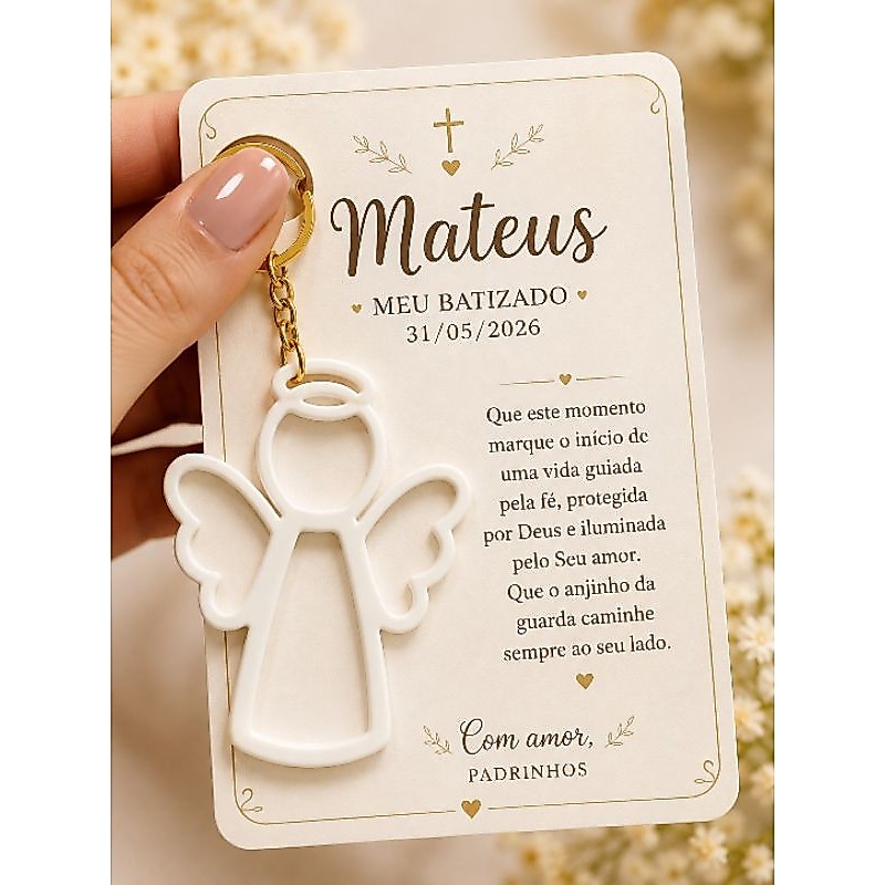 20 Chaveiros Anjinhos 3D Personalizado para Batizado Lembrancinha de Batismo