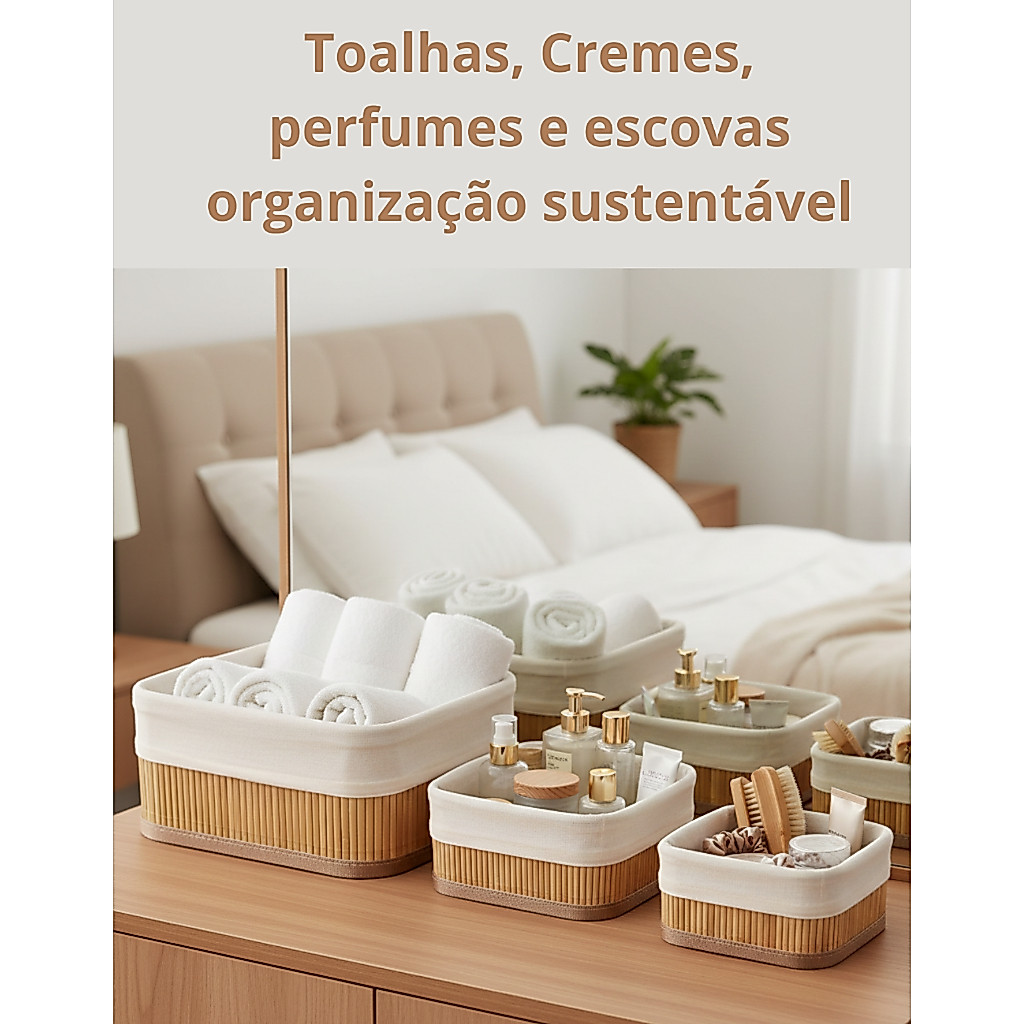 Kit Cesto de Bambu Organizador Retangular com Forro Removível Decorativo Boho para Gaveta Prateleira e Armário Multiuso — imagem 2 de 2