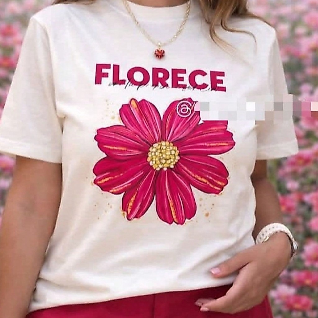 Camiseta Feminina Básica Moderna 100% Algodão Manga Curta Gola Redonda Confortável Leve Casual Estampada com: Florece