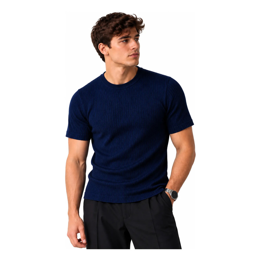 Camisa Masculina Malha Canelada Manga Curta Slim Luxo Premium