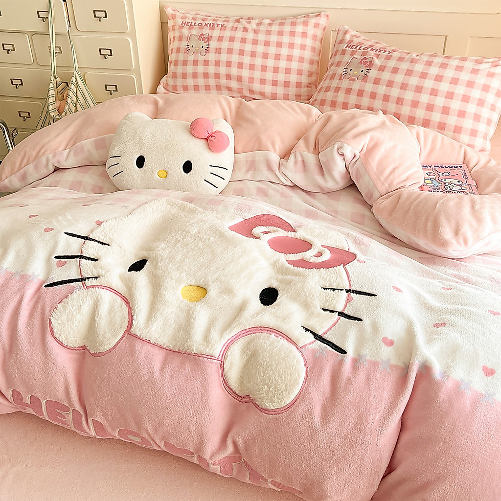 Hellokitty leite veludo cama conjunto de quatro peças inverno engrossado Coral velo colcha capa lençol crianças conjunto