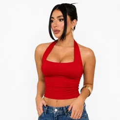 Cropped Halter Neck Regata Feminina Frente Unica Suplex Ajustado Efeito Silicone
